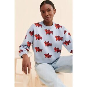 Anthropologie Find Me Now Toto Pullover Sweater Sky Blue Dog Print Size L